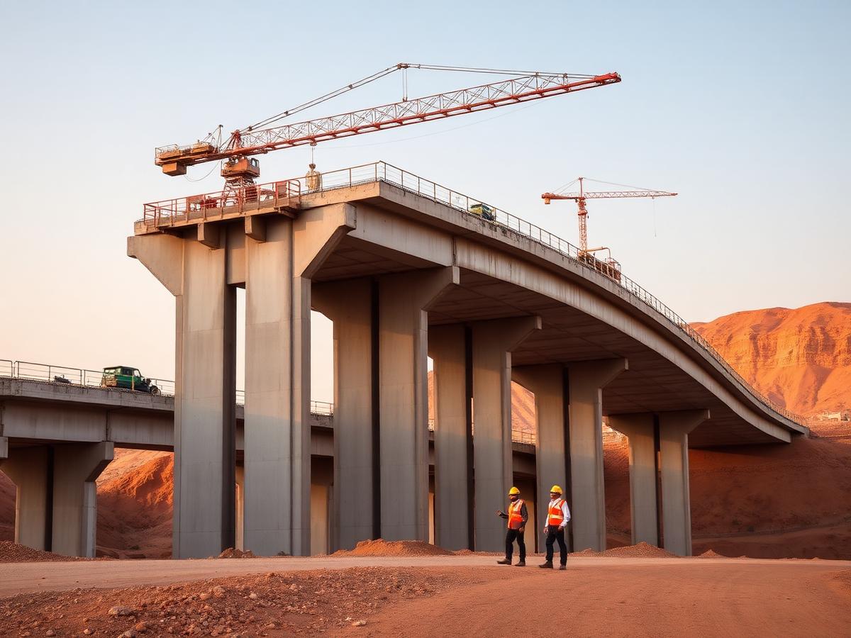 Concrete bridge and interchange under construction in a semi-arid landscape