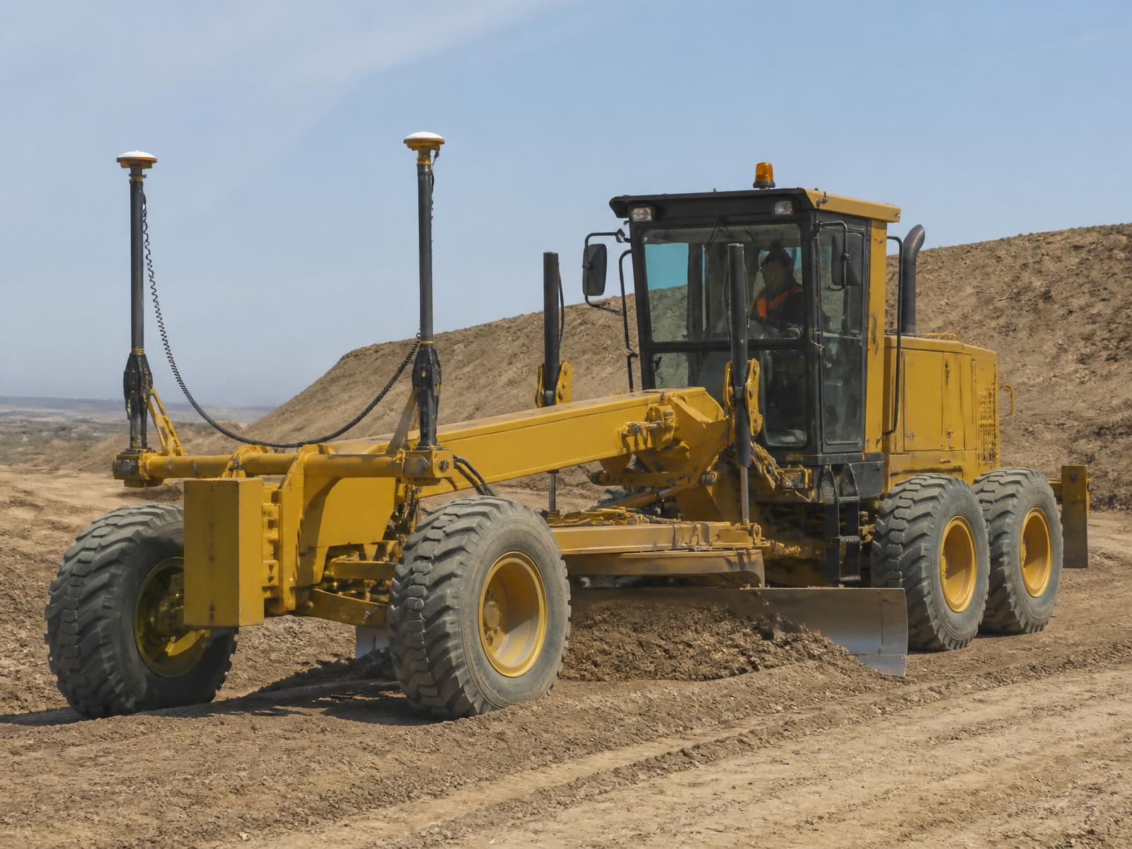 Motor grader fitted with dual GNSS masts carrying out grading works on an earthworks site
