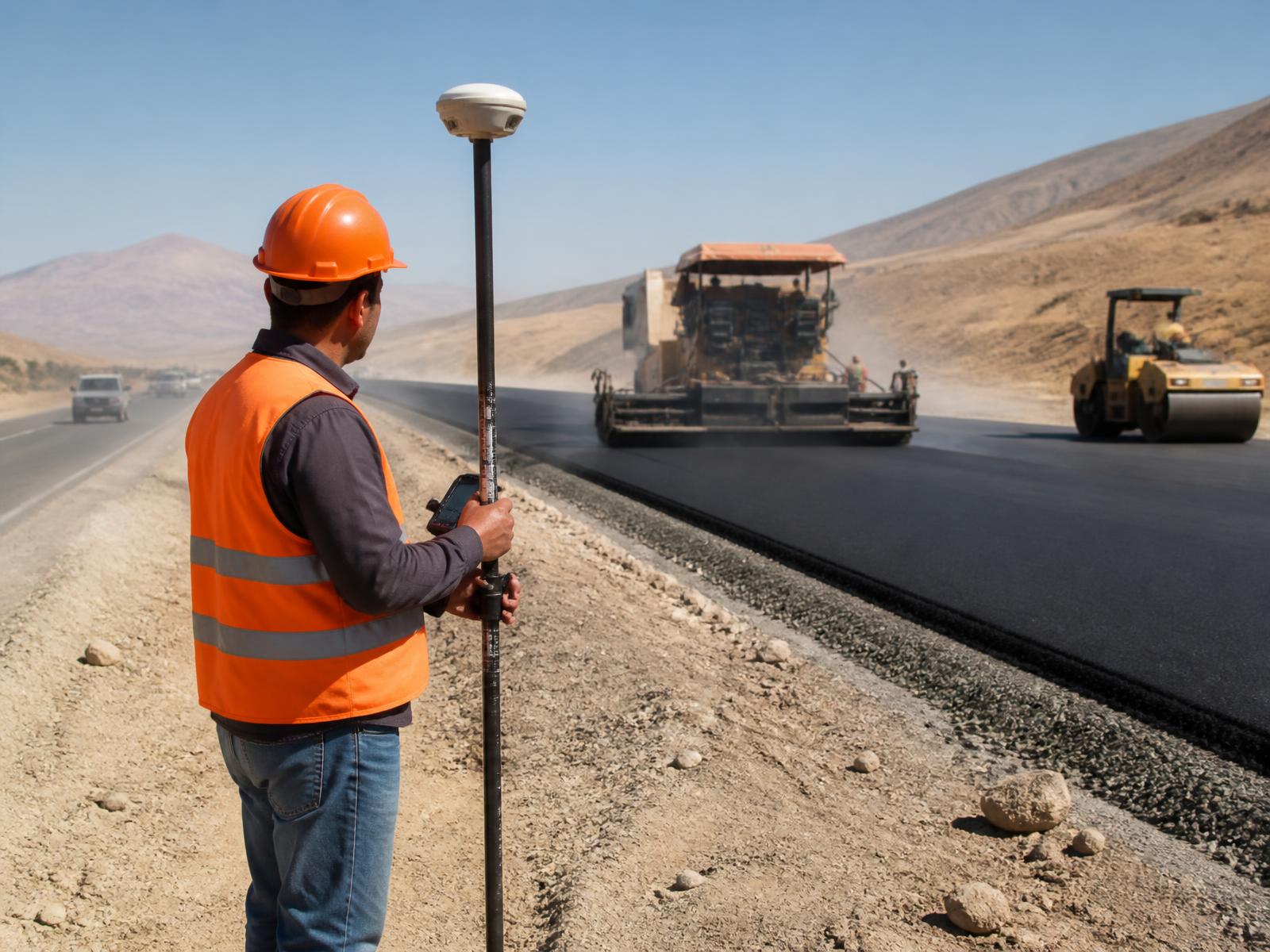 GNSS RTK rover set up on a highway construction corridor with an asphalt paver working behind