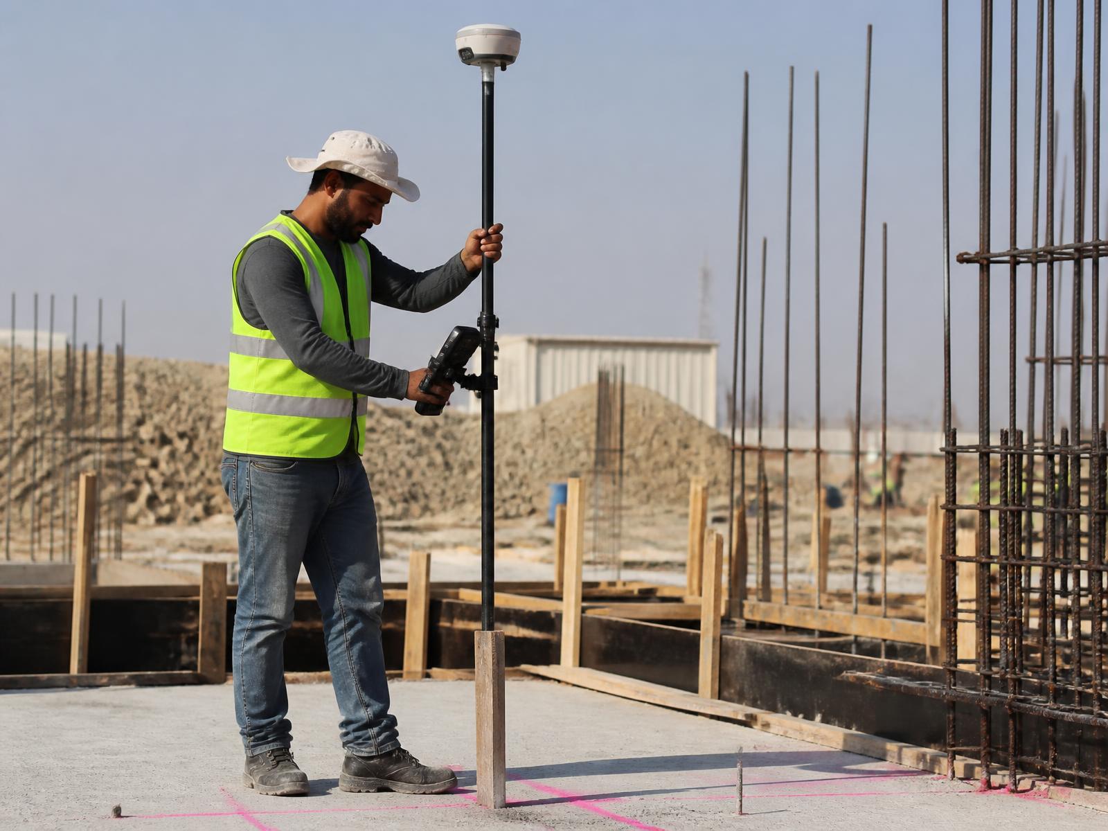 Surveyor setting out a design point over a wooden stake using a GNSS RTK rover and field controller