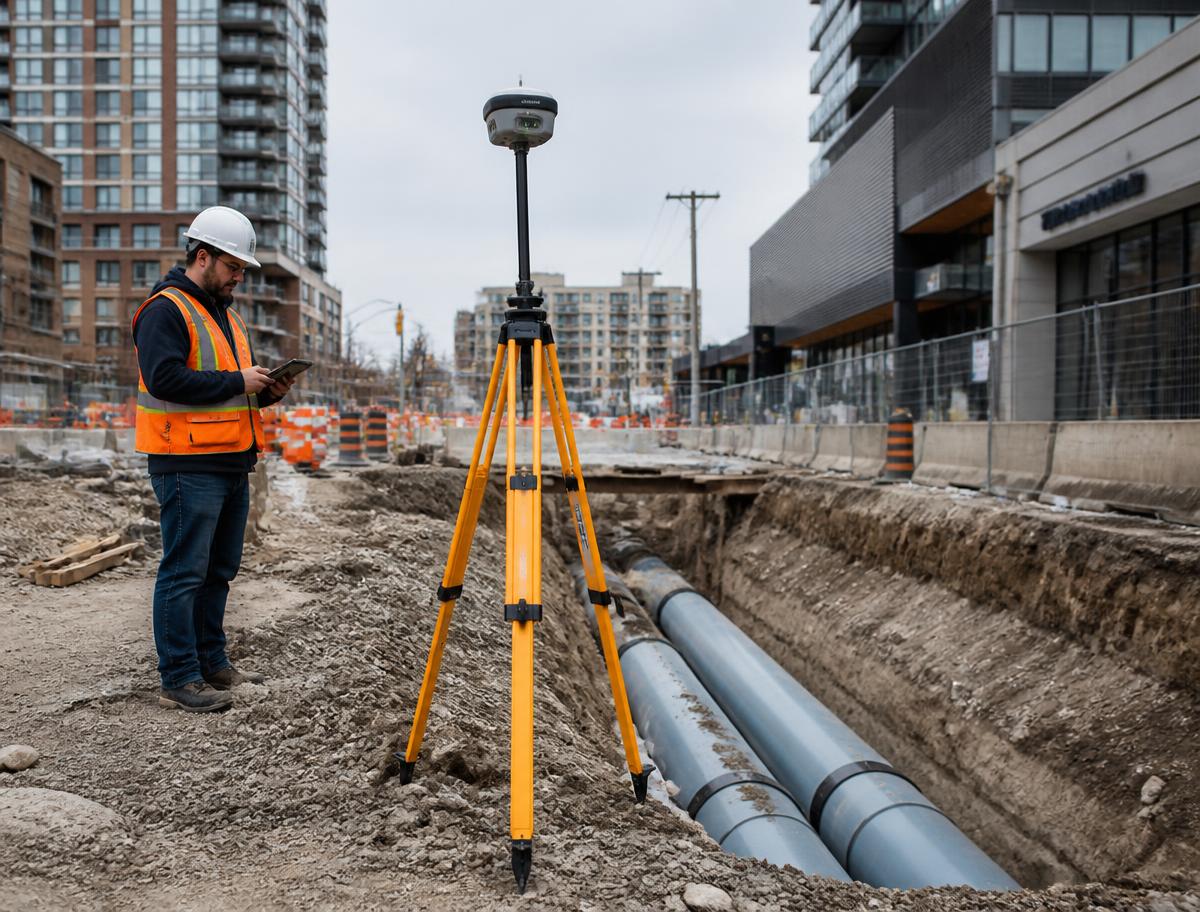 Open utility trench with pipework being positioned and recorded by a GNSS rover