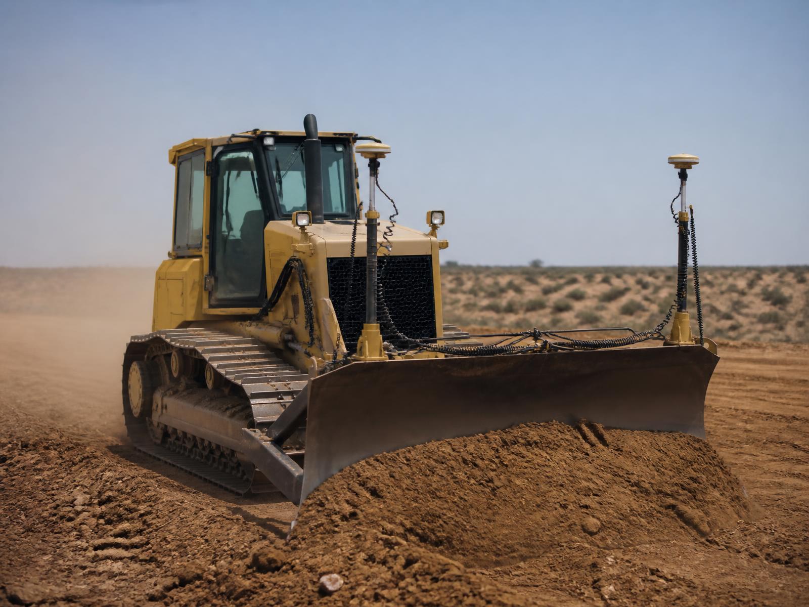 Bulldozer equipped with GNSS masts for machine guidance on a construction site